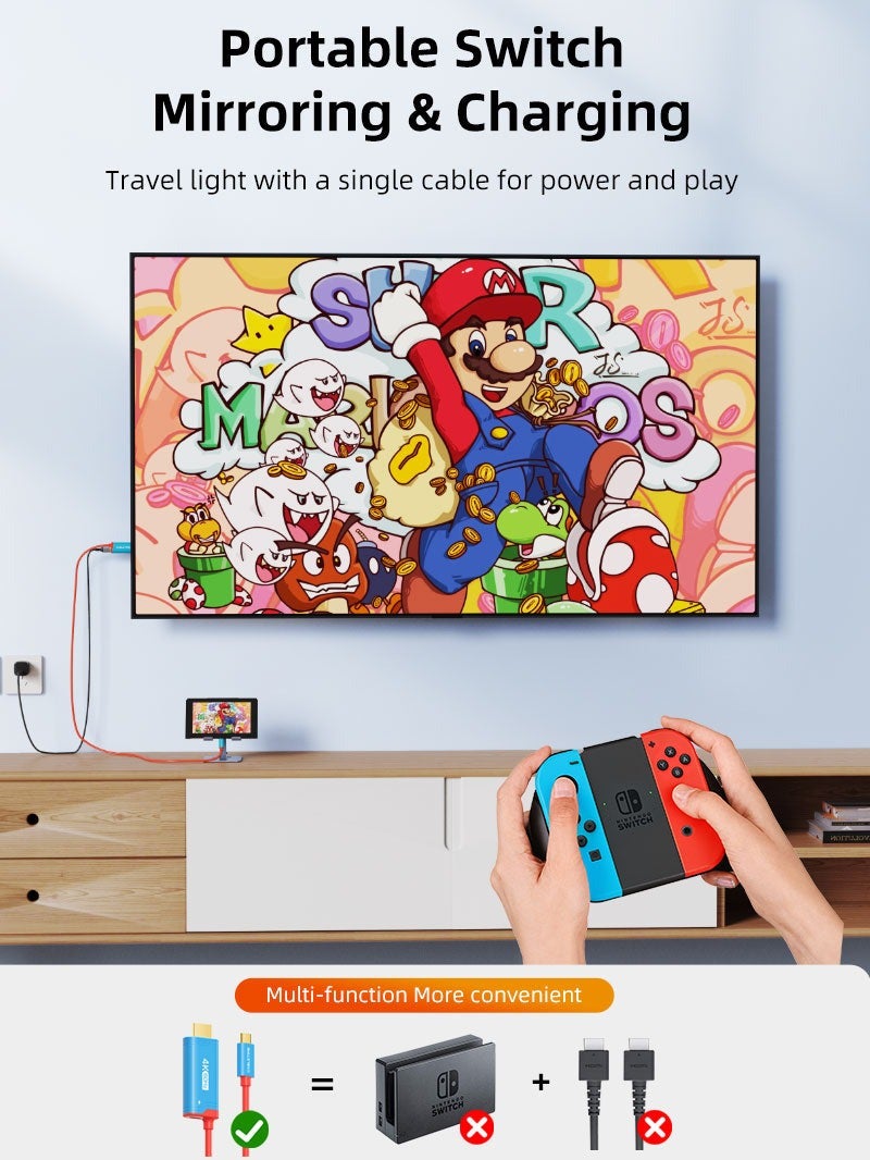 CABLETIME 4K60HZ USB C TO HDMI ADAPTER CABLE COMPATIBLE WITH NINTENDO SWITCH 2 MINI DOCK WITH PD100W | BLUE - Image 3